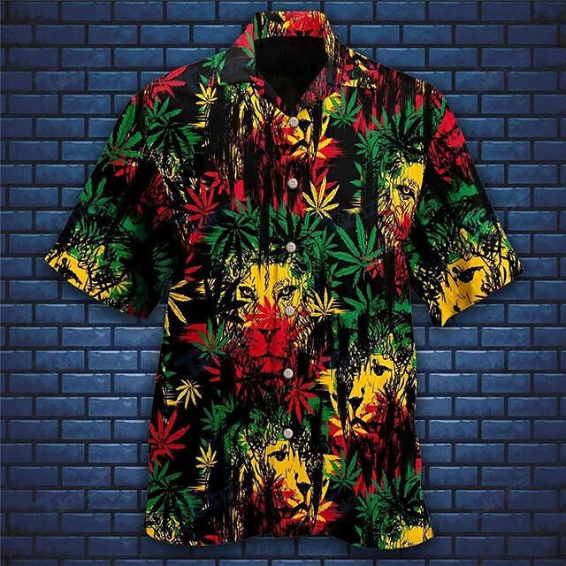  Men's Shirt Summer Hawaiian Shirt Lion Graphic Prints Leaves Cuban Collar Green Casual Holiday Short Sleeve Button-Down Print Clothing Apparel Tropical Fashion Streetwear Hawaiian
