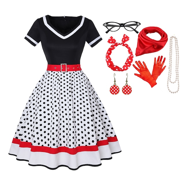  Tenue des années 50 robe évasée ceinture 7 pièces accessoires des années 1950 ensemble rétro vintage robe trapèze femme cosplay costume fête date festival