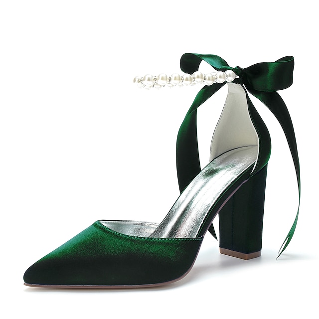  Elegant Green Satin Ankle Strap Heels – Pointed Toe, Pearl Bow Detail, Block Heel Pumps for Women – Perfect for Weddings & Parties