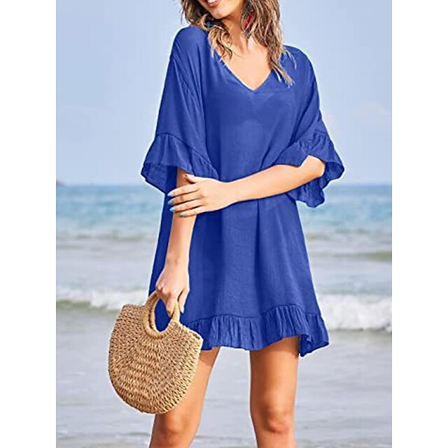  Women's Cover Up Beach Dress Beach Wear Ruffle Mini Dress Plain Casual 3/4 Length Sleeve V Neck Outdoor Daily Loose Fit Black White 2023 Spring Summer One Size