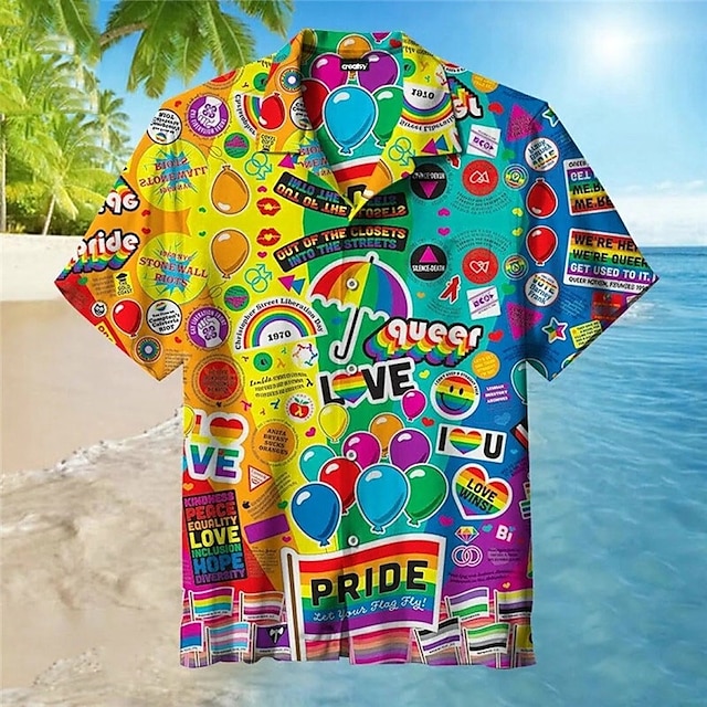  Herr Skjorta Hawaii skjorta Regnbåge Grafiska tryck Nedvikt Svart Gul Purpur Regnbåge Ledigt Hawaiisk Kortärmad Mönster Button-Down Kläder Tropisk Mode Hawaiisk Mjukt