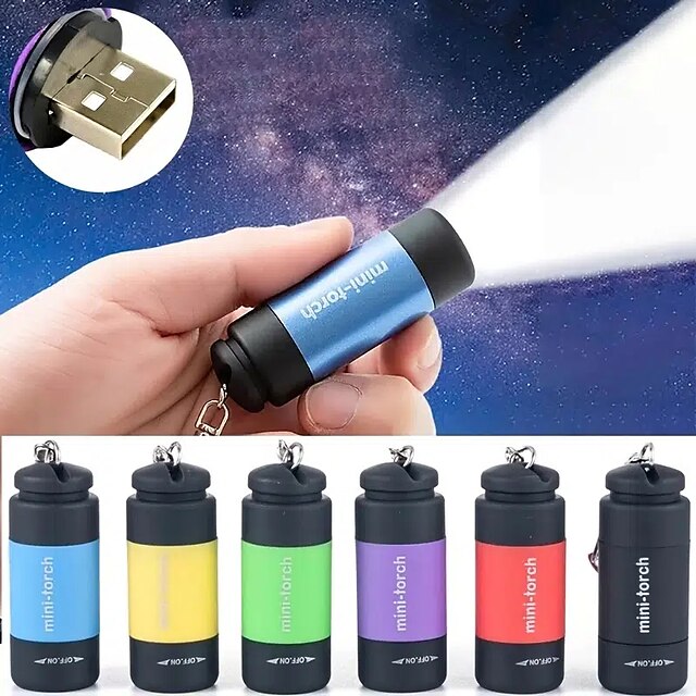  Mini LED Pocket Flashlight USB Rechargeable Portable Torch Waterproof Keychain Small Lantern White Light with Battery