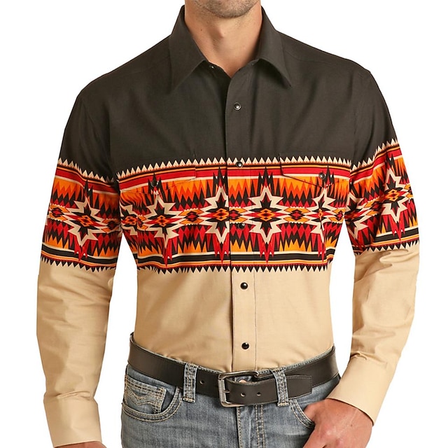  Voor heren Overhemd Westers overhemd Tribal Grafische prints Geometrie Strijkijzer Geel Buiten Straat Lange mouw Afdrukken Button-omlaag Kleding Modieus Streetwear Ontwerper Zacht