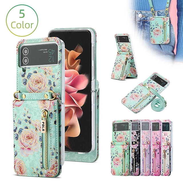  Phone Case For Samsung Galaxy Z Flip 5 Z Flip 4 Z Flip 3 Handbag Purse Wallet Case Flip Zipper with Removable Cross Body Strap Graphic Flower PU Leather