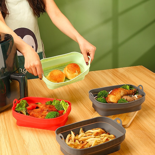  2pcs Foldable Air Fryer Silicone Basket Airfryer Oven Baking Tray Silicone Mold Pizza Fried Chicken Basket Reusable Pan Accessories