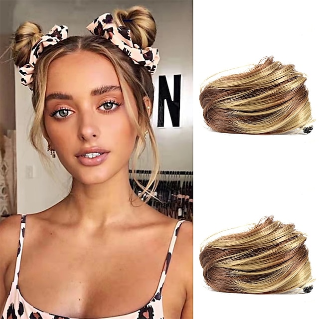  2Pcs Mini Claw Fake Space Hair Bun Clip in Messy Bun Synthetic Hair Chignon Donut Hair Bun Extensions Wig Accessory Ponytail Updo Hair Pieces for Women Girls and Kids