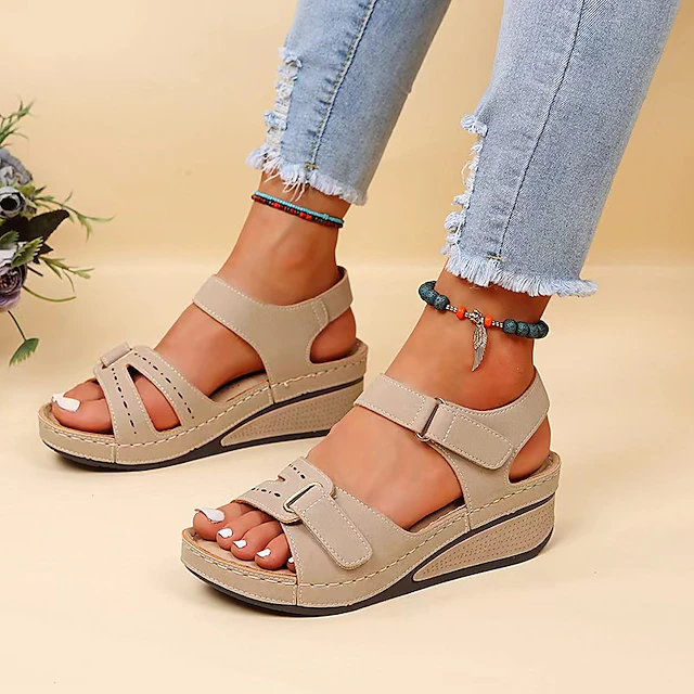 Women's Beige Wedge Sandals - Casual Open-Toe Summer Shoes with Adjustable Straps and Comfortable Sole for Everyday Wear 7