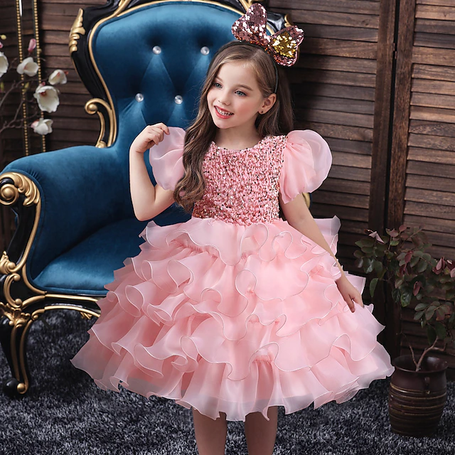 Kids Girls' Party Dress Sequin Short Sleeve Performance Wedding Pegeant ...