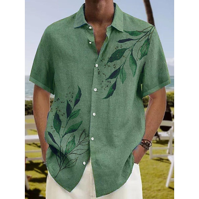  Men's Shirt Summer Hawaiian Shirt Graphic Prints Leaves Turndown Yellow Black / Brown Army Green Brown Green Outdoor Street Short Sleeves Button-Down Print Clothing Apparel Linen Sports Fashion