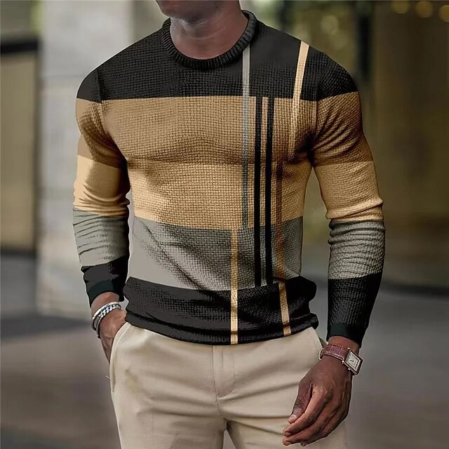 Men's Graphic Color Block Tee Waffle T Shirt Long Sleeve T shirt 3D Print Crew Neck Shirt Fashion Designer Comfortable Outdoor Casual Daily Brown Spring &  Fall Clothing Apparel S M L XL 2XL 3XL 4XL2