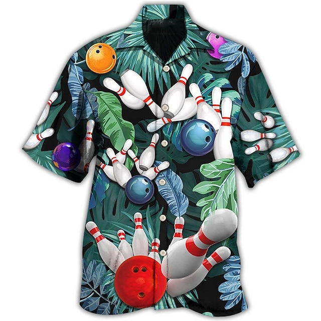  Homens Camisa Social Camisa havaiana Estampas Abstratas Folhas Bola de boliche colar cubano Verde Casual Havaiana Manga Curta Imprimir Botão para baixo Roupa Tropical Moda Roupa de rua Havaiana