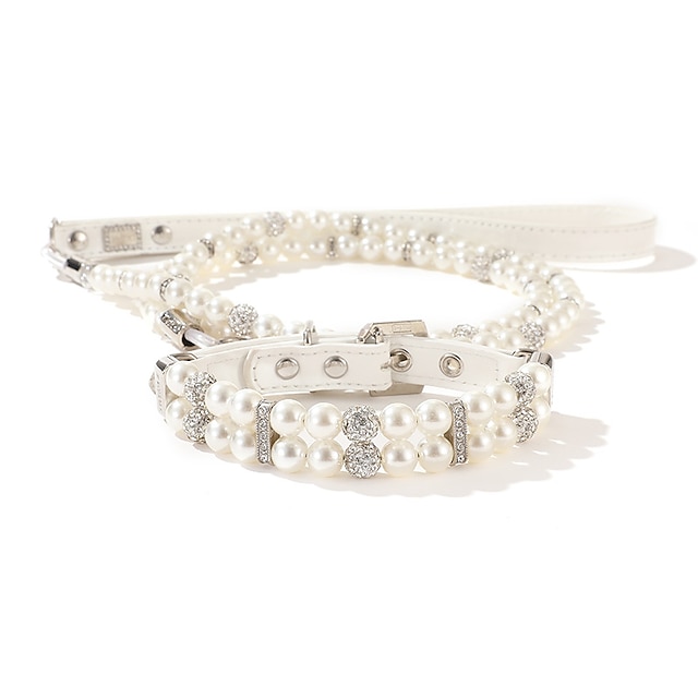 Collier pour animaux de compagnie 009, collier de perles blanches, ensemble de ceinture de traction, ceinture pour chien et chat, chaîne