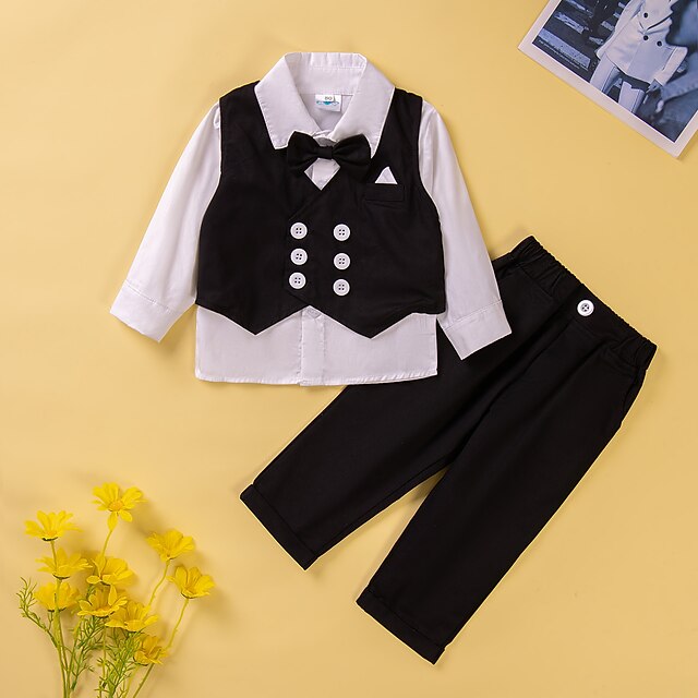  3 Dele Baby Drenge Trøje & Bukser Outfit Helfarve Langærmet Knapper Bomuld Sæt Skole Mode Daglig Forår Efterår 1-3 år Sort Kongeblå Himmelblå
