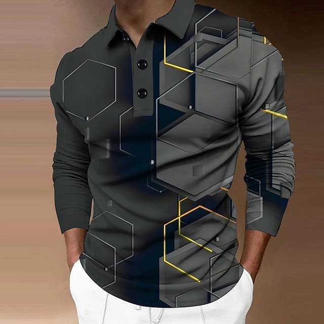  Per uomo Geometrico Polo Maglia da golf Manica Lunga Magliette polo Camicie con Colletto Casual Abbigliamento da vacanza Abbigliamento Formale Abbigliamento da festa Bottoni Stampa 3D Giallo Verde