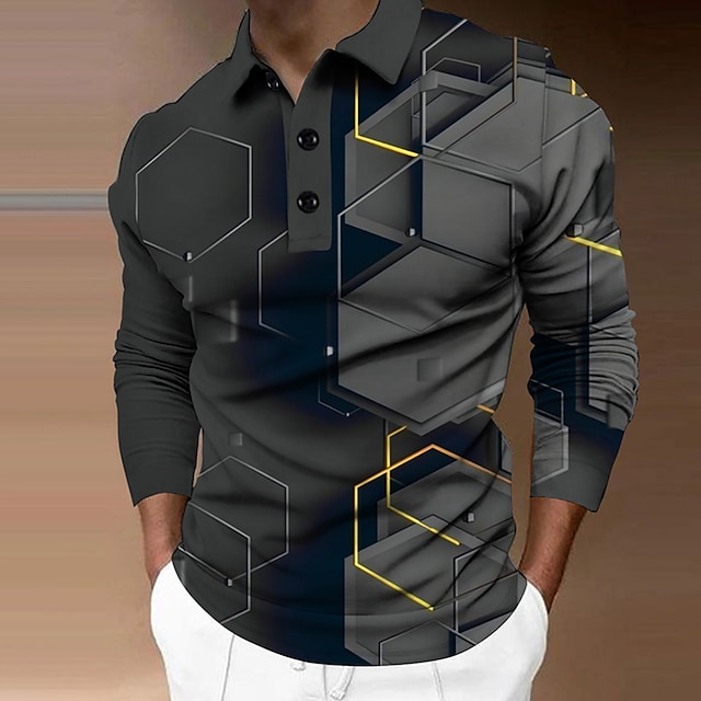  Herr POLO Shirt Golftröja Grafiska tryck Geometri Nedvikt Gul Armégrön Rubinrött Blå Purpur 3D-tryck Utomhus Gata Långärmad Mönster Button-Down Kläder Mode Designer Ledigt Mjukt