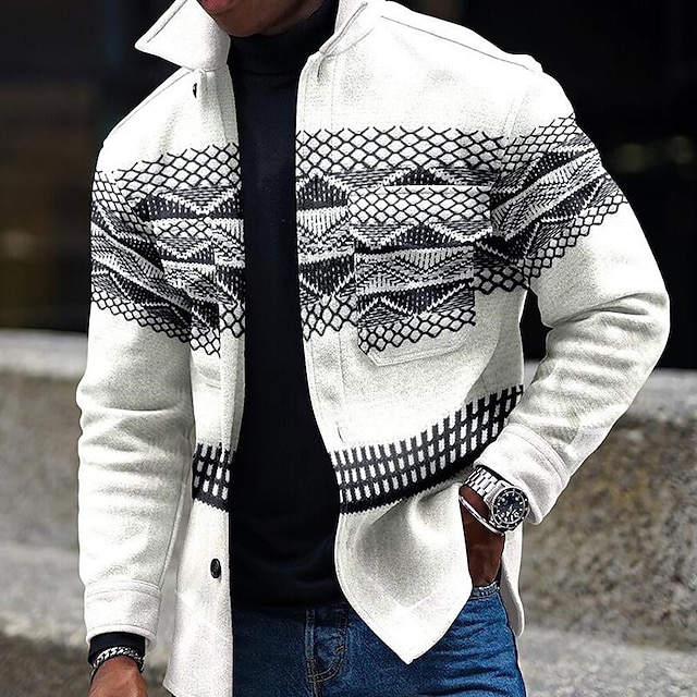  Herr Geometriska mönster Geometri Skjorta Skjorta jacka Övertröja Långärmad Mode Streetwear Ledigt vardag Sport & Utomhus Dagliga kläder Helgen Höst vinter Nedvikt Knappar Ficka Mönster Vit