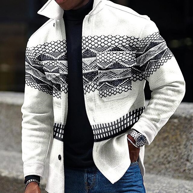 Men's Geometric Pattern Geometry Shirt Shirt Jacket Overshirt Long Sleeve Fashion Streetwear Casual Daily Sports & Outdoor Daily Wear Weekend Fall & Winter Turndown Buttons Pocket Print White2