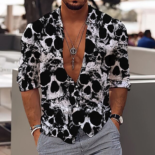 Men's Skull Halloween Costumes Day of the Dead Shirt Button Up Shirt Long Sleeve Sports Fashion Streetwear Outdoor Casual Daily Fall & Winter Turndown Print Button-Down Black2