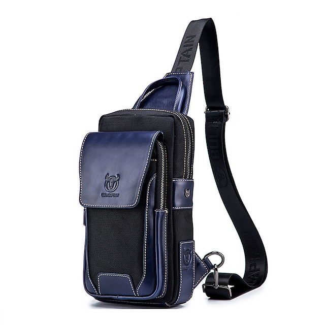  Men's Crossbody Bag Shoulder Bag Chest Bag Cowhide Outdoor Office Daily Zipper Adjustable Patchwork Black leather blue Brown Blue Black