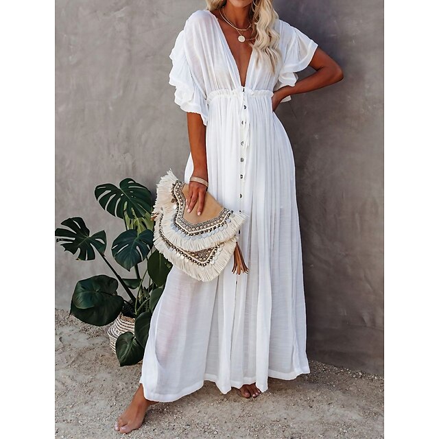  Women's Casual Dress Swing Dress Long Dress Maxi Dress Fashion Casual Pure Color Ruffle Backless Outdoor Daily Vacation V Neck Short Sleeve Dress Loose Fit ArmyGreen Black White Spring Summer One Size