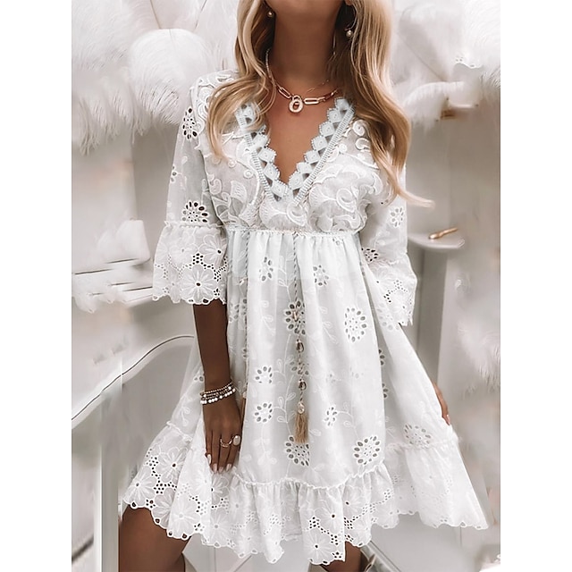  Women's Casual Dress Plain Lace Dress Summer Dress V Neck Lace Ruched Mini Dress Outdoor Daily Fashion Modern Loose Fit Half Sleeve White Spring Summer S M L XL XXL