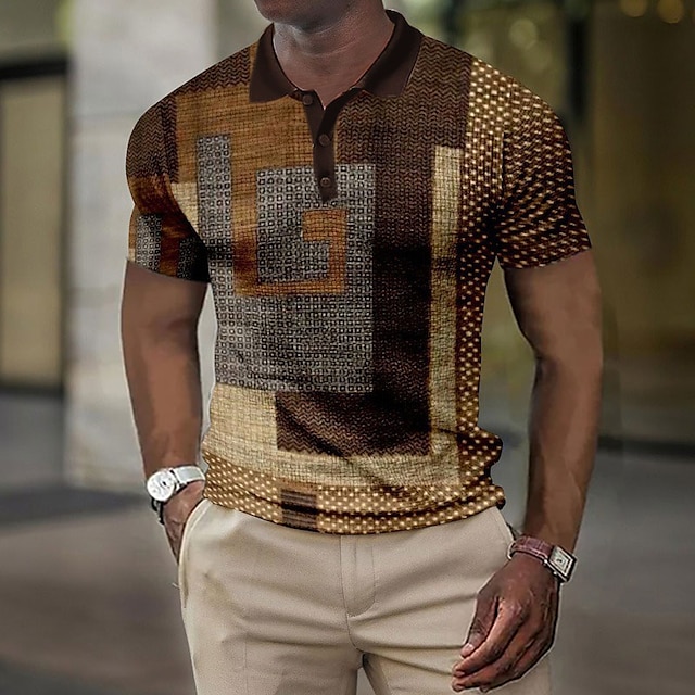  Voor heren Ruitjes Wafel Poloshirts Golfshirt Korte mouw Poloshirt Overhemden met kraag Vintage Casual Vakantiekleding Formele kleding Festivalkleding Knop 3D-afdrukken Wijn blauw Bruin