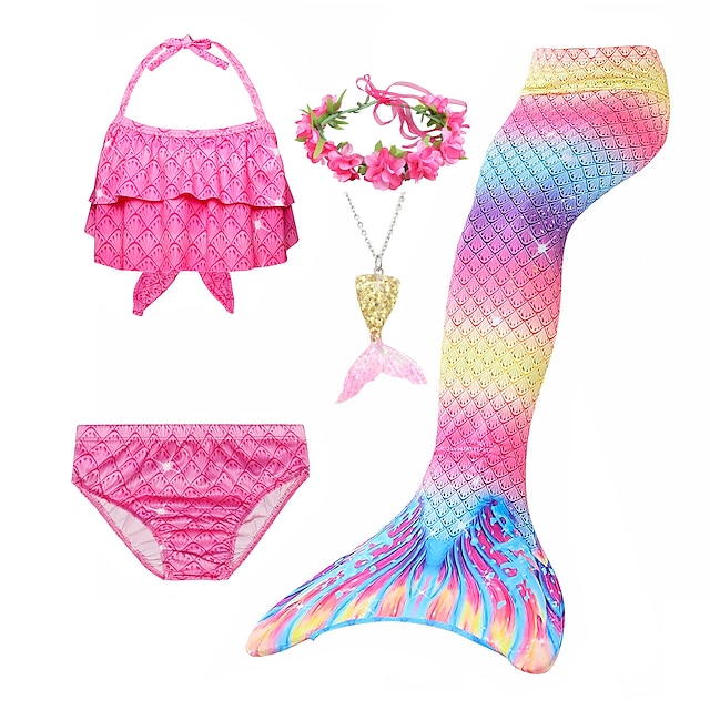  Biquíni infantil de cinco peças para natação, roupas de banho com estampa fofa de arco-íris de 3 a 10 anos primavera rosa vermelho