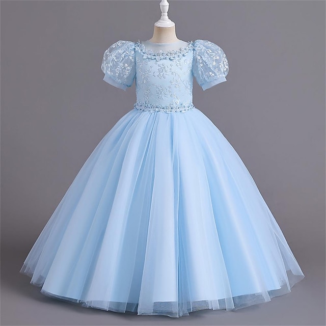  Kids Girls' Party Dress Solid Color Short Sleeve Performance Wedding Elegant Princess Polyester Maxi Tulle Dress Summer Spring 4-13 Years White Pink Blue