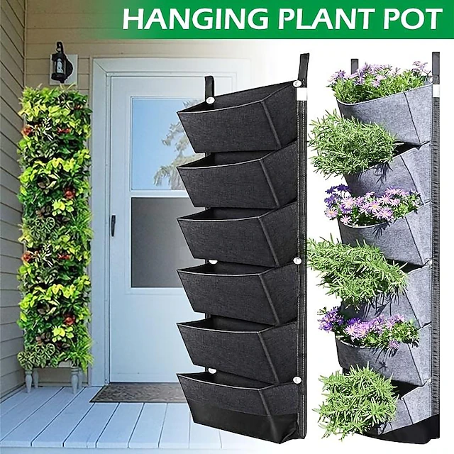 6 Pockets Hanging Planter Bags, Vertical Felt Fabric Nursery Bags, Grow Bag For Vegetable, Garden Supplies 11