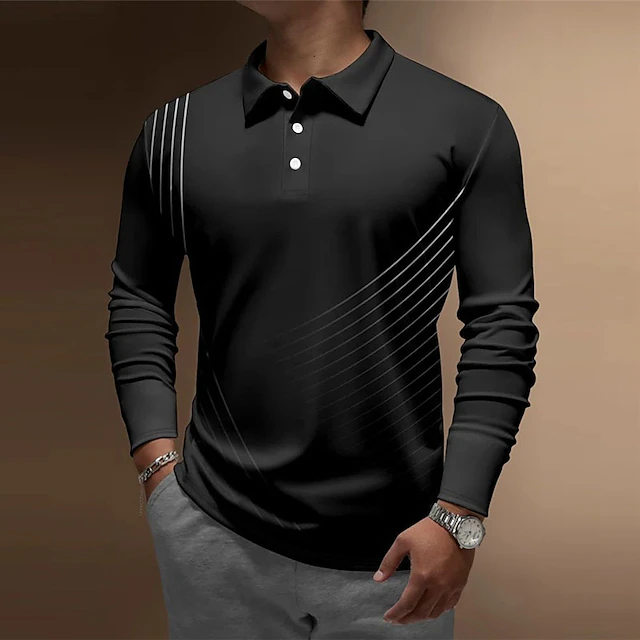 Men's Geometric Polo Shirts Golf Shirt Long Sleeve Polo Shirts Collared Shirts Business Casual WorkWear Formal Wear Festival Wear 3D Print Buttons Black2