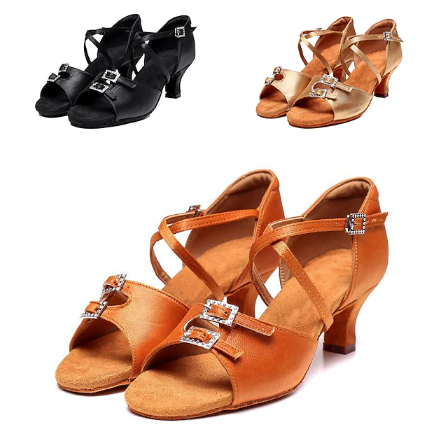 Women's Latin Shoes Dance Shoes Stage Indoor Practice Basic Heel Flared Heel Open Toe Buckle Tan Black Brown 10