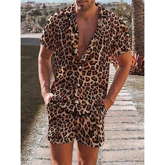  Herren Leopard 2St Hemden-Sets Sommer Hawaiihemd Kurzarm Kurze Hosen Umlegekragen Tropisch Mode Hawaiianisch Lässig Ferien Strand Druck Sommer Frühling Blau Purpur Braun