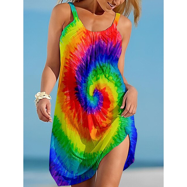  Women's Beach Dress Resort Wear Beach Wear Print Mini Dress Rainbow Tropical Fashion Sleeveless Spaghetti Strap Outdoor Daily Loose Fit Azure Rainbow 2023 Summer Spring S M L XL
