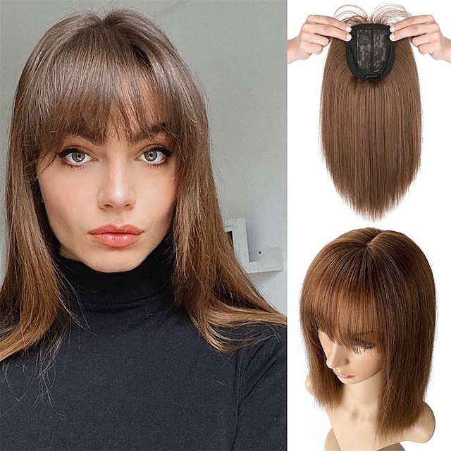 14 cheveux topper avec frange 200% densité soie base top postiches clip dans les extensions de cheveux perruque droite pour les femmes avec des cheveux clairsemés