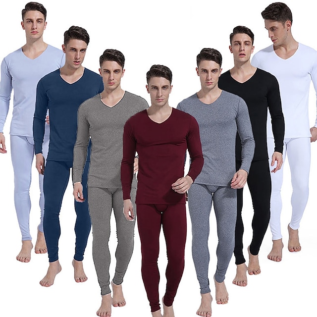  Men's Thermal Underwear Sleepwear Thermal Set 1 set Pure Color Stylish Casual Comfort Home Daily Polyester Comfort Warm V Neck Long Sleeve Fall Winter Black Wine