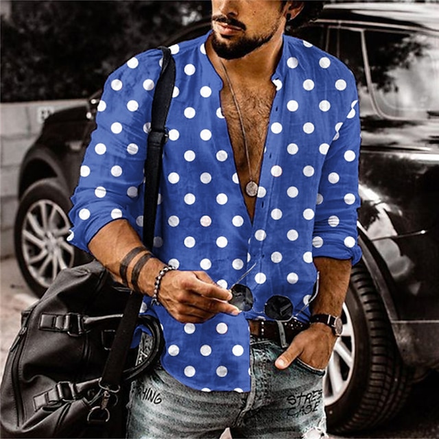  Voor heren Overhemd Zomer overhemd Overhemd met knopen Rood blauw Grijs Lange mouw Stip Opstaand Buiten Straat Button-omlaag Kleding Polyester Modieus Casual Ademend Comfortabel