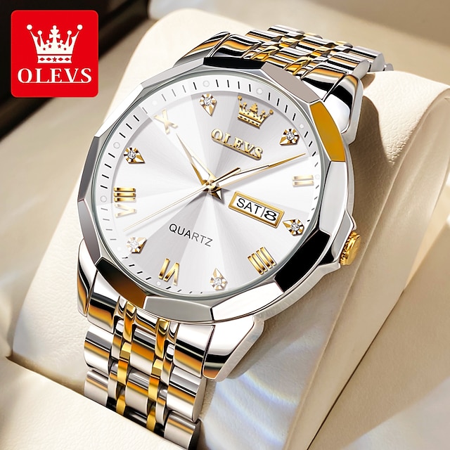  OLEVS 9931 Quartz Dual Calendar Luxury Diamond Dial Men Wristwatches Business Stainless Steel Strap Waterproof Watch