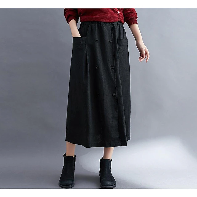 Women's Skirt A Line Long Skirt Linen Skirts coastal grandma style Basic Casual Long Midi Skirts Solid Colored Pocket Split Ends Street Daily Black Brown Green Apricot Spring & Summer Cotton Linen 8