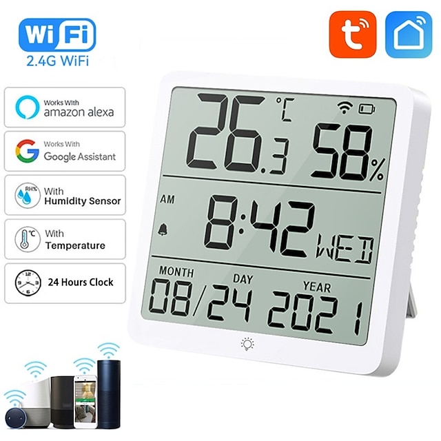  Tuya Smart Home WiFi Temperature Humidity Sensor Smart Life Indoor Thermometer 24 Hours Clock Sensors for Alexa Google Voice