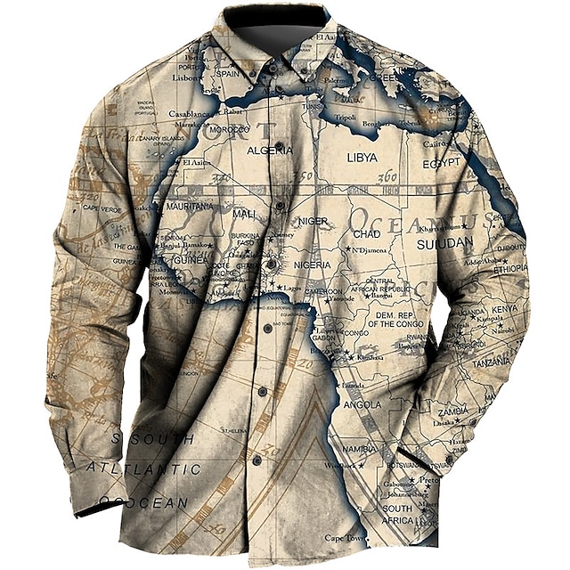 Men's Plus Size Shirt Big and Tall Map Turndown Button Long Sleeve ...