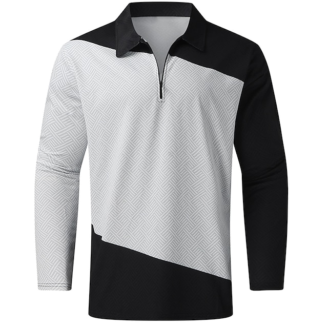  Men's Zip Polo Golf Shirt Daily Wear Vacation Quarter Zip Long Sleeve Fashion Classic Patchwork Patchwork Spring & Summer Light Grey Zip Polo