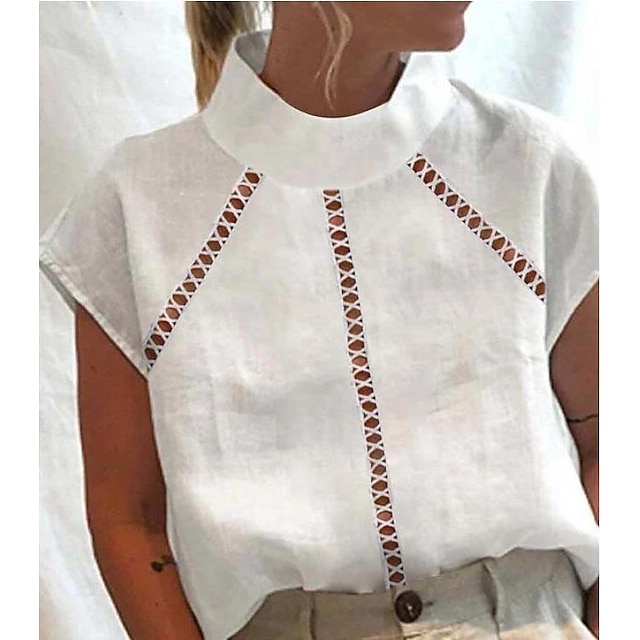  Women's Shirt Blouse White Cut Out Plain Casual Short Sleeve Standing Collar Basic Regular S