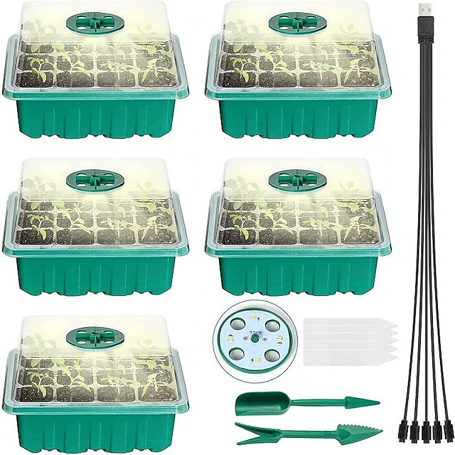 5 Pack Seed Starter Trays with Grow Light, Seedling Starter Trays Adjustable Humidity Dome, Durable Seed Starter Kit for Seeds Growing Starting 9