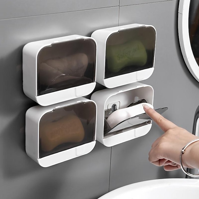  tvålhållare för badrum, tvålförvaringslåda med fliplock, väggmonterad tvålkopp utan stans med avlopp