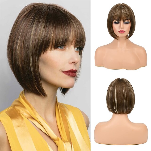 Bob Wig with Bangs 11 Short Brown Bob Wigs with Bangs Synthetic Replacement Hair Wigs for Women