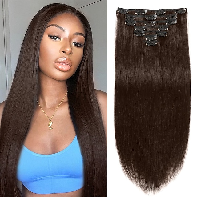  clip in hair extensions äkta människohår för svarta kvinnor 20 tum #2 mörkbrun färg rakt remy mänskligt hårförlängning 100 % obearbetat helhuvud 7 st med 16 klipp människohår