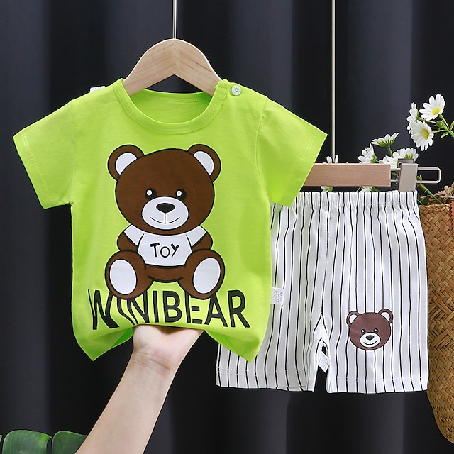  2 Pieces Toddler Boys T-shirt & Shorts Outfit Animal Cartoon Short Sleeve Cotton Set Outdoor Adorable Daily Summer Spring 3-7 Years 3 green teddy bears 9 spectacled bear 17 crocodile