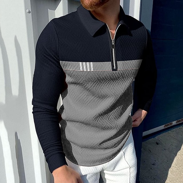  Herr Zip Polo Golftröja Företag Dagliga kläder Fjärdedels blixtlås Långärmad Mode Klassisk Stil Färgblock Dragkedja Vår Höst Rubinrött Marinblå Mörkgrön Mörkgrå Zip Polo