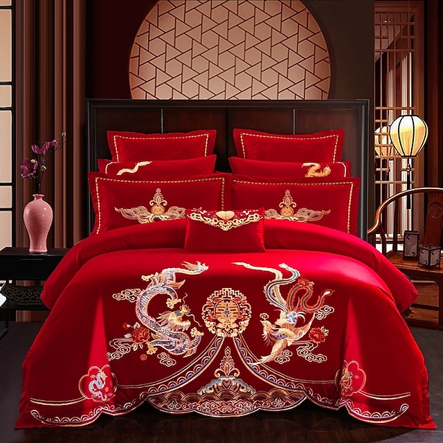  Conjunto de cuatro piezas de boda suave y cómodo, algodón rojo grande, bordado de algodón puro, ropa de cama de boda, boda festiva