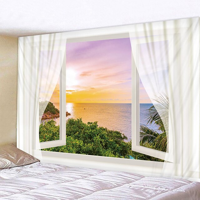  Ocean Window View Wall Tapestry Art Decor Photograph Backdrop Blanket Curtain Hanging Home Bedroom Living Room Decoration